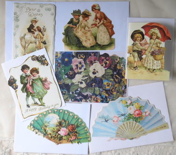 変形（型抜き）ヴィクトリアン・カードのレプリカ　　子供、ビオラとバラなどの花、扇（ファン）　＜ヴィクトリアン・ステイショナリー＞