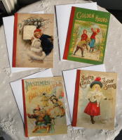 ヴィクトリアン・ステイショナリー＞クリスマスカード＞４種類のヴィクトリアン・クリスマスカード♪アンティークブックの表紙がクリスマスカードになりました。ヴィクトリアンなファッションの子供たちが生き生きと描かれています。