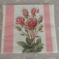 薔薇の雑貨＞オールド・ローズ　ペーパー・ナプキン＞ピンクのボーダーに鮮やかなピンクの薔薇が描かれた美しい図柄のペーパーナプキンです。＞スイス製　　35*35㎝　１０枚入り