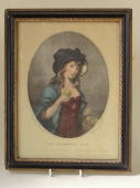 アンティーク雑貨＞アンティーク・フレーム＞プリムローズの少女　THE PRIMROSE GIRL　/　Design'd by T.R.Smith　/　Engraved by C.Knight＞籠いっぱいのプリムローズを持つ愛らしい少女。「一束どうぞ♪♪」＞フレームは1950年、プリントは 1800年頃