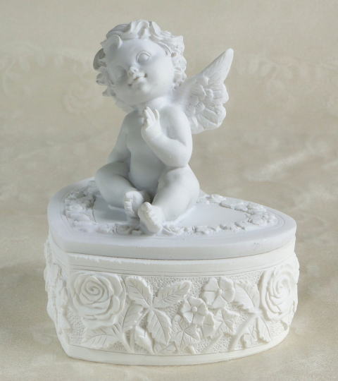 天使と薔薇の雑貨＞エンジェル・ボックス＞薔薇の花で飾られたキュートなエンジェルのボックス。＞４人（？）の天使をいろんな角度でお楽しみください。