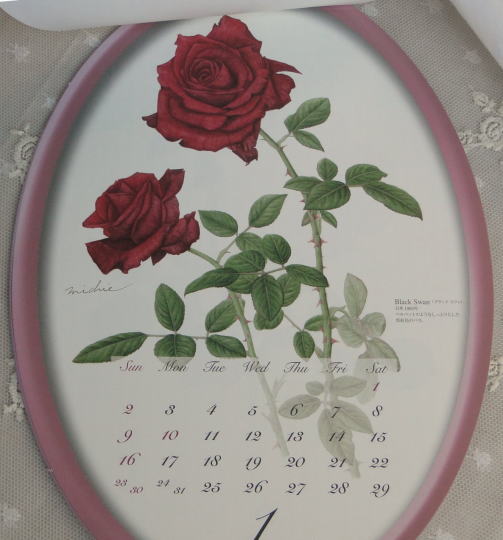 薔薇の雑貨＞2011年 オーバル 薔薇のカレンダー＞ワインレッドのオーバルフレームに囲まれたような美しい薔薇のカレンダー。深紅の薔薇Black Swan（ブラック スワン）
