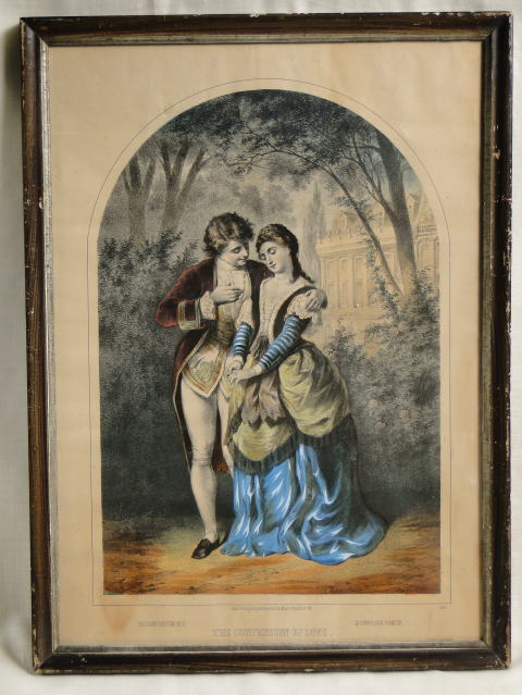 アンティーク雑貨＞フレーム(額縁）フランクフルトの出版社　19世紀、オリジナルガラスとフレームの“グスタフ·エドワード·メイ”　カラーリトグラフ "The Confession of Love"『愛の告白』