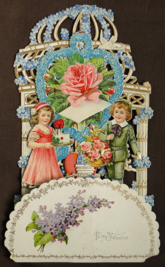 アンティーク雑貨＞アンティーク・カード＞ヴァレンタインのポップアップカード＞薔薇と少女と少年と・・・・・ヴィクトリアンらしい図柄です。