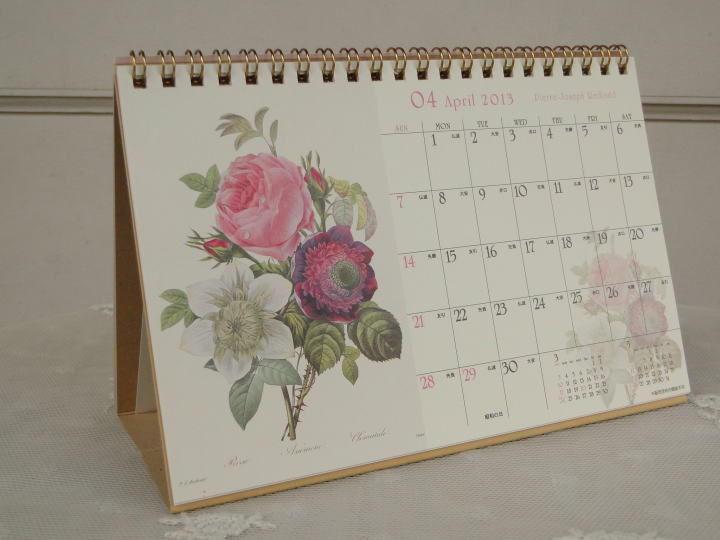 薔薇の雑貨＞ルドゥーテの卓上カレンダー＞薔薇のボタニカルアート、ルドゥーテの卓上カレンダーです。六曜・二十四節気つきの実用的なカレンダー。薔薇のほか、チューリップや朝顔も♪