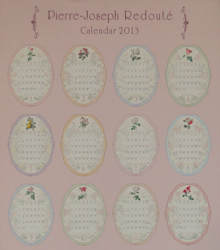 薔薇の雑貨＞2013年版 カレンダー＞ルドゥーテのオーバルローズ・カレンダー＞薔薇のボタニカルアート・カレンダーです。ダイカットされた、おしゃれなオーバルが印象的♪＞405*312㎜