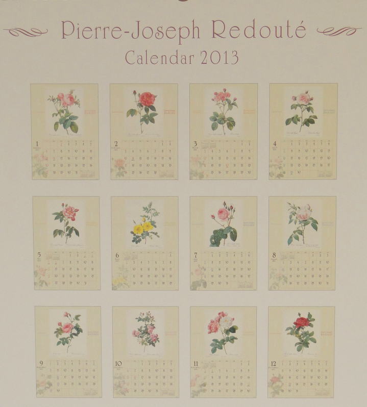 薔薇の雑貨＞2013年版 カレンダー＞ルドゥーテ・カレンダー＞ルドゥーテ、薔薇のボタニカルアート・・・・・スクエアーの迫力ある大きさのカレンダーです。＞515*363㎜