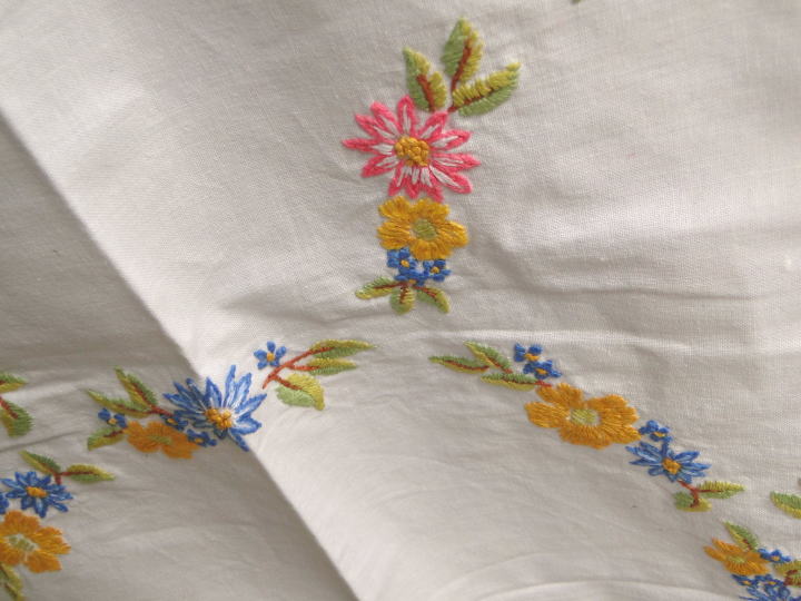 アンティーク雑貨＞刺繍テーブルクロス＞赤や黄色、ブルーの美しいお花の刺繍が施されたテーブルクロスです。＞1930年