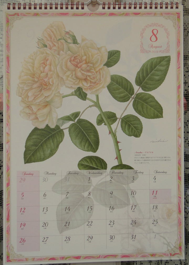 薔薇の雑貨＞2018年 角型 壁掛カレンダー＞フロンティア 　12 Roses＞植物画家　山田 道惠による薔薇のカレンダー。ビッグ・サイズのダイナミックな薔薇が満載です♪＞ 412×290mm