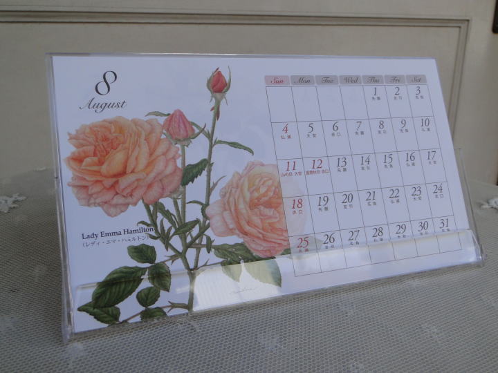 薔薇の雑貨＞フロンティア＞2019年 カレンダー（クラシックローズ）＞ 植物画家　山田 道惠による薔薇のデザインのカレンダーです。 卓上（ケース付）　（10×18㎝）