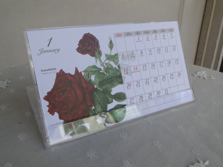 薔薇の雑貨＞フロンティア＞2019年 カレンダー（クラシックローズ）＞ 植物画家　山田 道惠による薔薇のデザインのカレンダーです。 卓上（ケース付）　（10×18㎝）