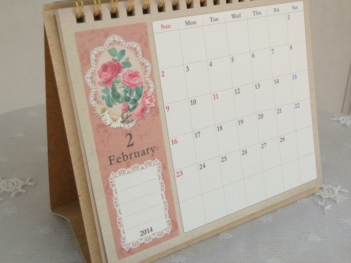 薔薇の雑貨＞2014年版カレンダー＞アンティーク風 カレンダー＞薔薇とレースがモティーフの卓上カレンダー